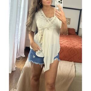 Boston Proper Size Small Cream Boho Lace Shell Fringe Wrap Top